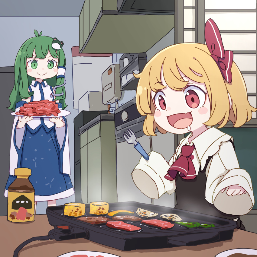 2girls absurdres ascot black_vest blonde_hair carrying closed_mouth commentary_request detached_sleeves drooling fang food fork frog_hair_ornament green_eyes green_hair grill hair_ornament hair_ribbon hair_tubes highres indoors kame_(kamepan44231) kitchen kochiya_sanae long_hair looking_at_object looking_down meat multiple_girls nontraditional_miko onion open_mouth plate red_ascot red_eyes ribbon rumia shirt short_hair single_hair_tube skin_fang skirt skirt_set sleeves_past_wrists smile snake_hair_ornament touhou tray vest white_shirt
