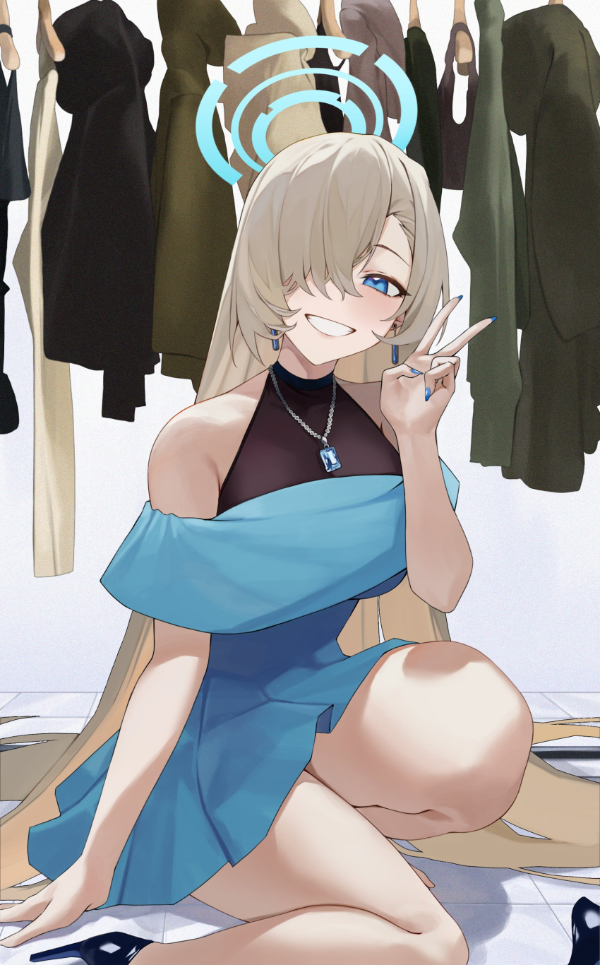 1girl absurdres asuna_(blue_archive) bare_shoulders bburi blue_archive blue_dress blue_eyes breasts clothes_hanger dress hair_between_eyes hair_over_one_eye halo highres jacket jewelry large_breasts long_hair looking_at_viewer necklace one_eye_covered smile solo v very_long_hair