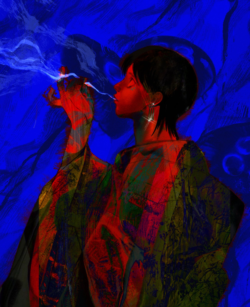 1boy abstract alternate_hairstyle black_hair from_side highres japanese_clothes kimono male_focus medium_hair monkey_d._luffy one_piece profile scar scar_on_cheek scar_on_face smoke solo upper_body yaoizhen