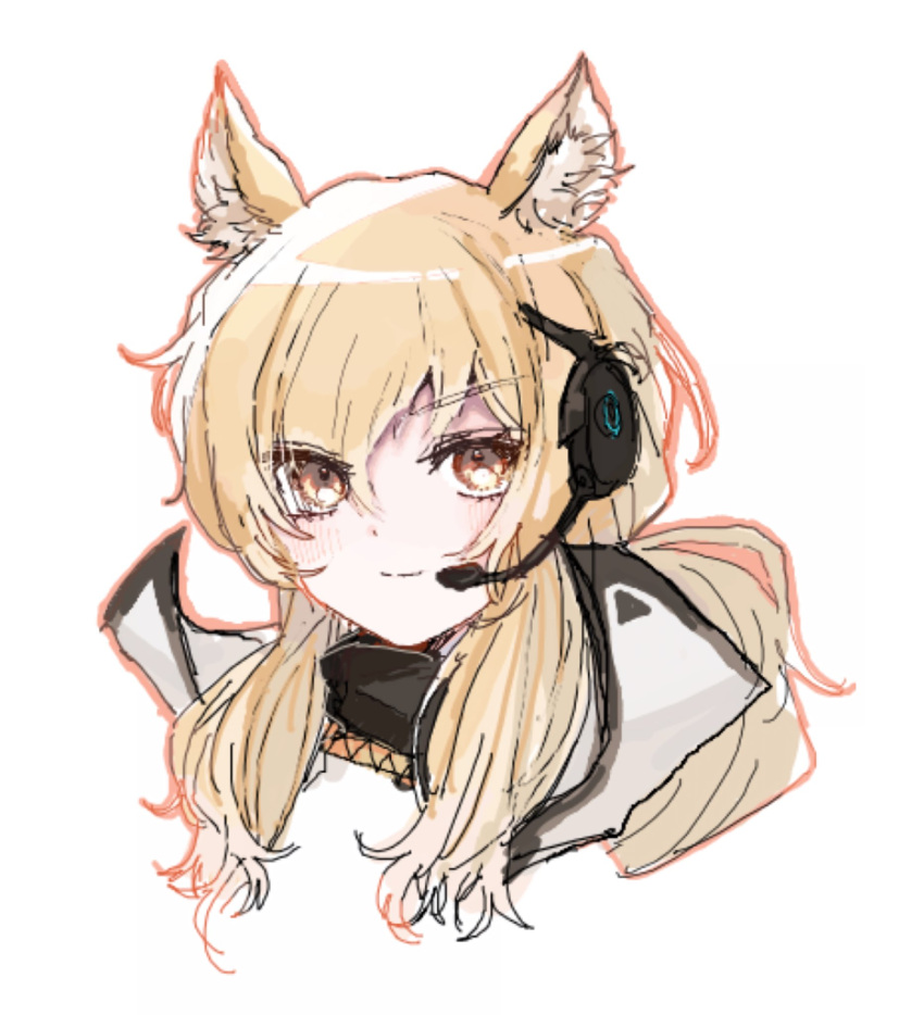 1girl animal_ear_fluff animal_ears arknights blonde_hair blush brown_eyes closed_mouth commentary_request hair_between_eyes headset highres horse_ears itadakimasu_(akakesanu) long_hair looking_at_viewer nearl_(arknights) one-hour_drawing_challenge portrait simple_background smile solo white_background