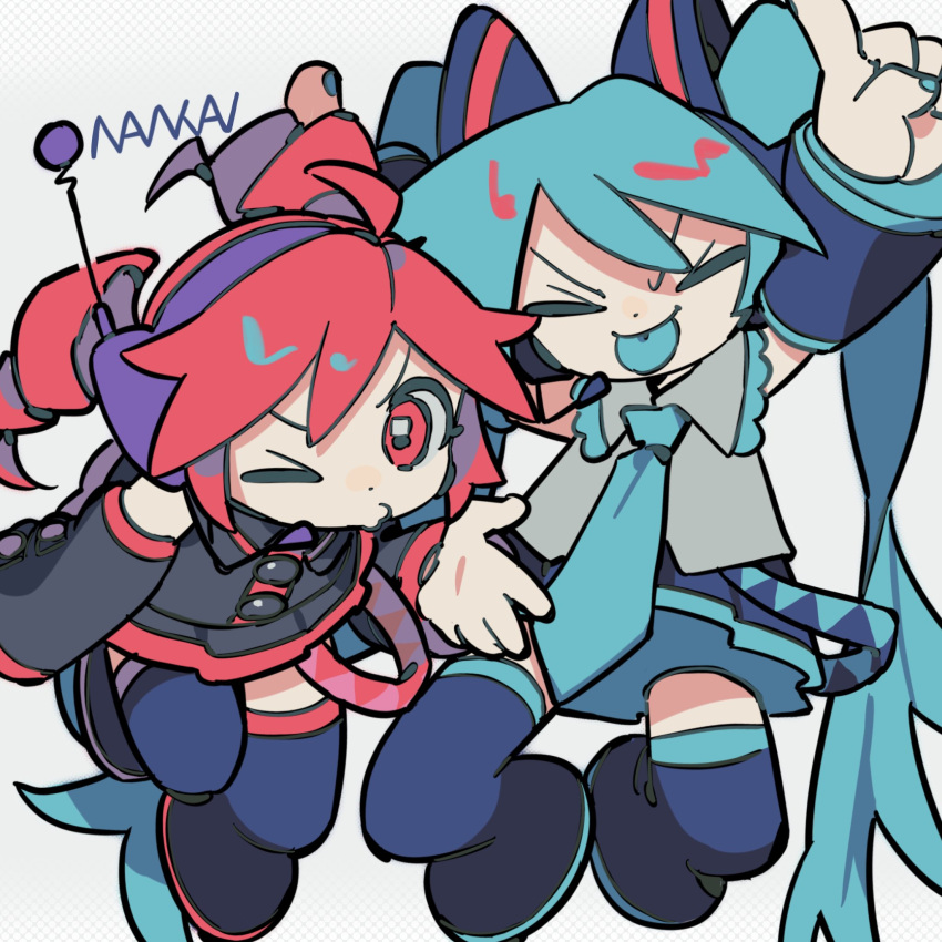 2girls :p ahoge arms_up black_shirt black_skirt black_sleeves blowing_kiss blue_footwear blue_hair blue_skirt blue_sleeves boots chibi closed_eyes commentary detached_sleeves drill_hair facing_viewer floating_hair full_body grey_shirt hair_ornament hatsune_miku headset highres kasane_teto long_hair looking_at_viewer multiple_girls nankai_(nankai_san) one_eye_closed pleated_skirt pointing pointing_up radio_antenna redhead shirt signature simple_background skirt sleeveless sleeveless_shirt smile symbol-only_commentary thigh_boots tongue tongue_out twin_drills twintails utau v-shaped_eyebrows very_long_hair vocaloid