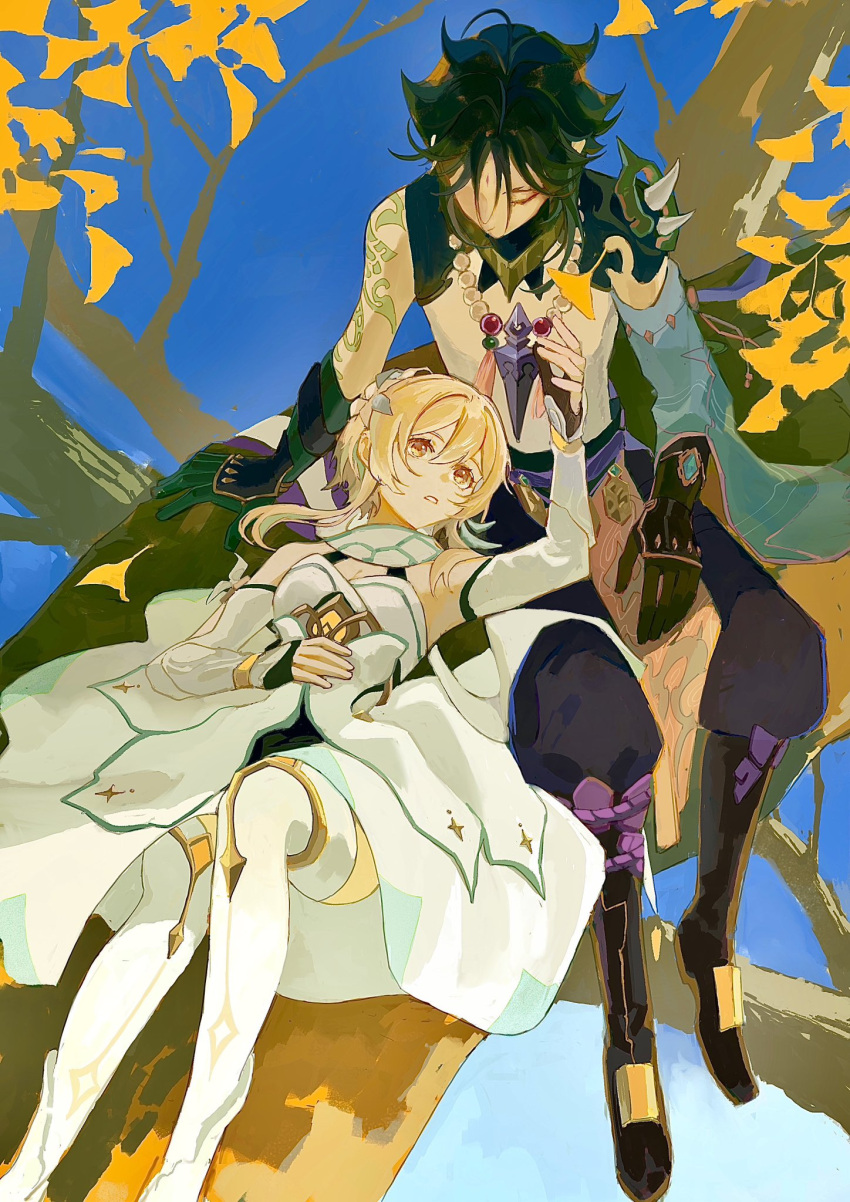 1boy 1girl arm_tattoo arm_up armor bare_shoulders black_gloves black_pants blonde_hair blue_sky couple dress genshin_impact ginkgo_leaf gloves green_hair hetero highres holding holding_jewelry holding_necklace jewelry lap_pillow leaf looking_down lumine_(genshin_impact) lying n.s.egg necklace on_back on_tree outdoors pants pauldrons pearl_necklace shirt shoulder_armor single_bare_shoulder single_pauldron sitting sky sleeveless sleeveless_dress tattoo thigh-highs white_dress white_shirt white_thighhighs xiao_(genshin_impact) yellow_eyes