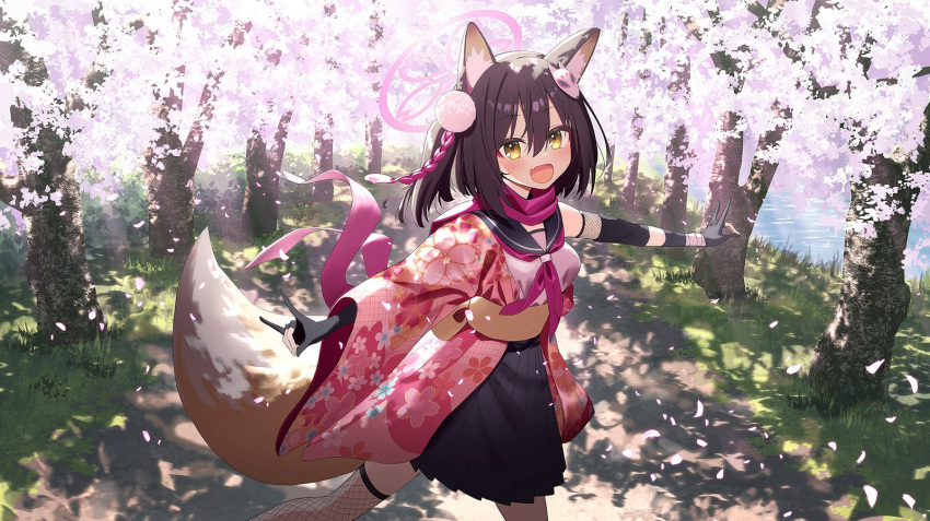 1girl :d black_gloves blue_archive blush brown_hair cherry_blossoms day dirt_road dot_nose eyeliner falling_petals fang feet_out_of_frame from_side gloves grass halo highres izuna_(blue_archive) landscape looking_at_viewer makeup medium_hair miyoshi_nao_(miyoshist) nature open_mouth outdoors outstretched_arms partially_fingerless_gloves petals red_eyeliner river road skin_fang smile solo tree water yellow_eyes