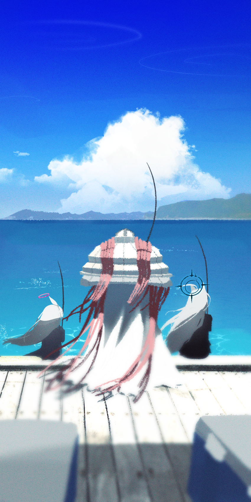 1other 2girls absurdres animal_ears blue_archive blue_sky clouds cooler fishing_rod floating_clothes floating_hair grey_hair halo highres long_hair multiple_girls norio_(norio386) ocean phrenapates_(blue_archive) pier plana_(blue_archive) shiroko_(blue_archive) shiroko_terror_(blue_archive) sitting sky very_long_hair wolf_ears