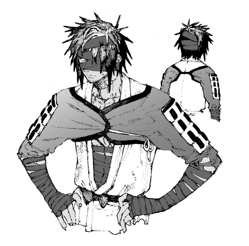 1boy am_pokeball99 bandage_over_one_eye bandaged_arm bandaged_head bandages chiemon_(fate) closed_mouth cropped_torso fate/samurai_remnant fate_(series) greyscale hands_on_own_hips highres japanese_clothes male_focus monochrome multiple_views nonamethanks_is_a_faggot short_hair simple_background sketch solo_focus upper_body wataru_rei
