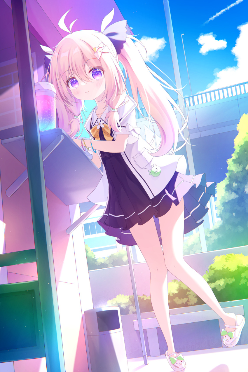 1girl animal_slippers antenna_hair blonde_hair blue_sky bow clouds dress full_body hair_bow highres jacket original outdoors sailor_collar side_ponytail sky slippers smile violet_eyes yottacc