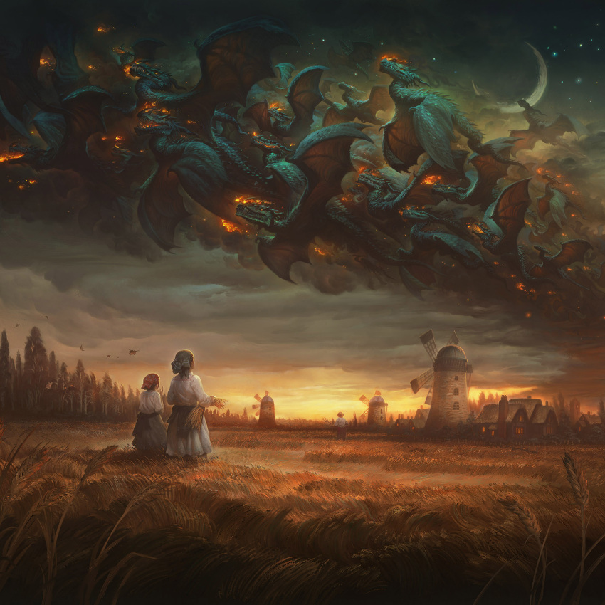2girls breath_weapon breathing_fire building clouds commentary crescent_moon dragon english_commentary facing_away fantasy field fire flying grey_skirt head_scarf highres house justin_gerard monster moon multiple_girls night night_sky original outdoors scenery shirt skirt sky smoke standing star_(sky) starry_sky sunset tree western_dragon wheat_field white_shirt wide_shot windmill wyvern