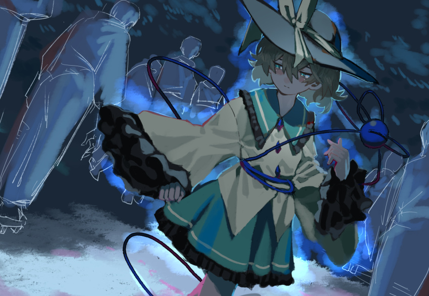 1girl aqua_eyes black_headwear buttons closed_mouth collared_shirt commentary_request diamond_button dutch_angle feet_out_of_frame frilled_shirt_collar frilled_sleeves frills green_hair green_skirt hand_up hat hat_ribbon highres komeiji_koishi long_sleeves people ribbon sad shirt short_hair sideways_glance skirt solo third_eye touhou tuck wide_sleeves yellow_ribbon yellow_shirt