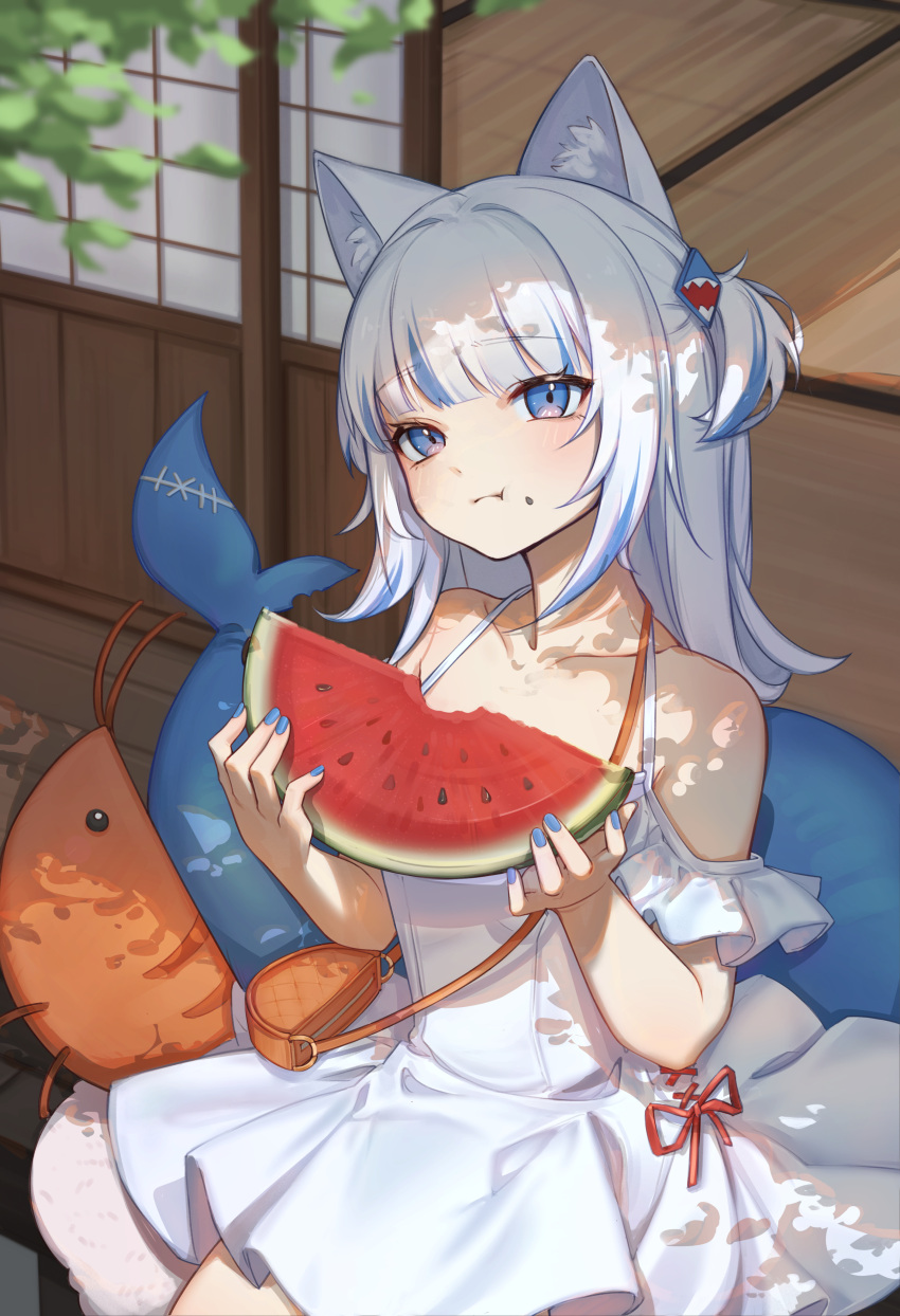 1girl :t absurdres alternate_costume animal_ear_fluff animal_ears bag bare_shoulders blue_eyes blue_hair blue_nails cat_ears chinese_commentary closed_mouth collarbone commentary_request dappled_sunlight day dress eating ebi-chan_(gawr_gura) fingernails fins fish_tail food fruit gawr_gura grey_hair hair_ornament highres holding holding_food holding_fruit hololive hololive_english light_blush long_fingernails looking_at_viewer medium_hair multicolored_hair nail_polish off-shoulder_dress off_shoulder orange_bag pleated_dress shark_girl shark_hair_ornament shark_tail shouji shoulder_bag sidelocks sitting sliding_doors solo streaked_hair sundress sunlight tail tatami two_side_up virtual_youtuber watermelon watermelon_seeds watermelon_slice white_dress wooden_floor yuenillus