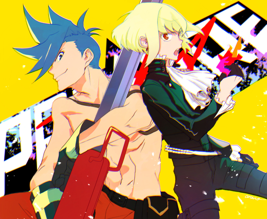 2boys areno asymmetrical_hair back-to-back biker_clothes earrings fire firefighter firefighter_jacket galo_thymos green_hair jacket jewelry leather leather_pants lio_fotia mad_burnish male_focus matoi mohawk multiple_boys otoko_no_ko pants pink_fire promare purple_fire pyrokinesis sidecut spiky_hair topless_male triangle_earrings undercut