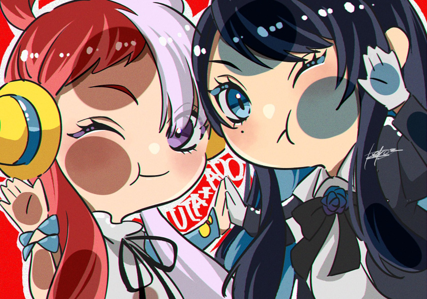 2girls ado_(utaite) black_bow black_bowtie black_coat black_hair blue_eyes blue_flower blue_hair blue_rose bow bowtie chando_(ado) chibi closed_mouth cloud_nine_inc coat collared_shirt colored_inner_hair commentary_request flower flower_brooch gloves highres keeko_(kk_0012) long_hair looking_at_viewer mole mole_under_eye multicolored_hair multiple_girls one_eye_closed one_piece one_piece_film:_red open_clothes open_coat redhead rose shirt split-color_hair two-tone_hair upper_body uta_(one_piece) utaite violet_eyes voice_actor_connection white_gloves white_hair white_shirt