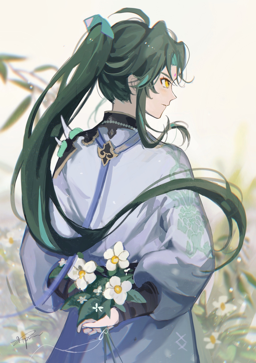 1boy absurdres alternate_costume armor arms_behind_back closed_mouth cowboy_shot d-aprken flower genshin_impact green_hair highres holding holding_flower long_hair pauldrons ponytail robe shoulder_armor single_pauldron solo standing white_background white_robe xiao_(genshin_impact) yellow_eyes