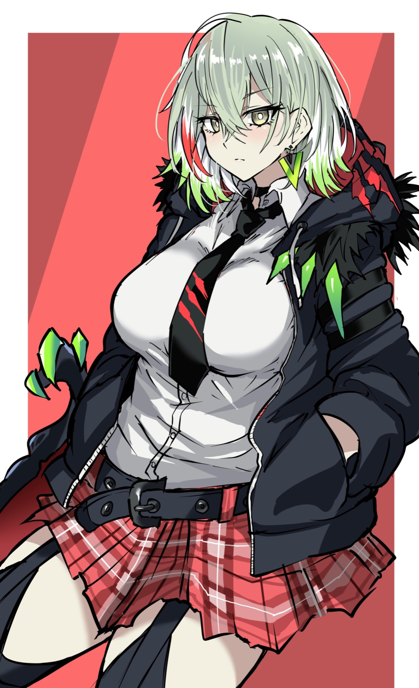 1girl alternate_costume black_necktie black_thighhighs breasts claws collared_shirt colored_tips diabellstar_the_black_witch duel_monster earrings eyelashes garter_straps green_eyes green_hair grey_hair hands_in_pockets highres hood hooded_jacket jacket jewelry large_breasts looking_at_viewer multicolored_hair necktie red_background red_skirt shirt short_hair skirt solo synchroman thigh-highs white_shirt yu-gi-oh!
