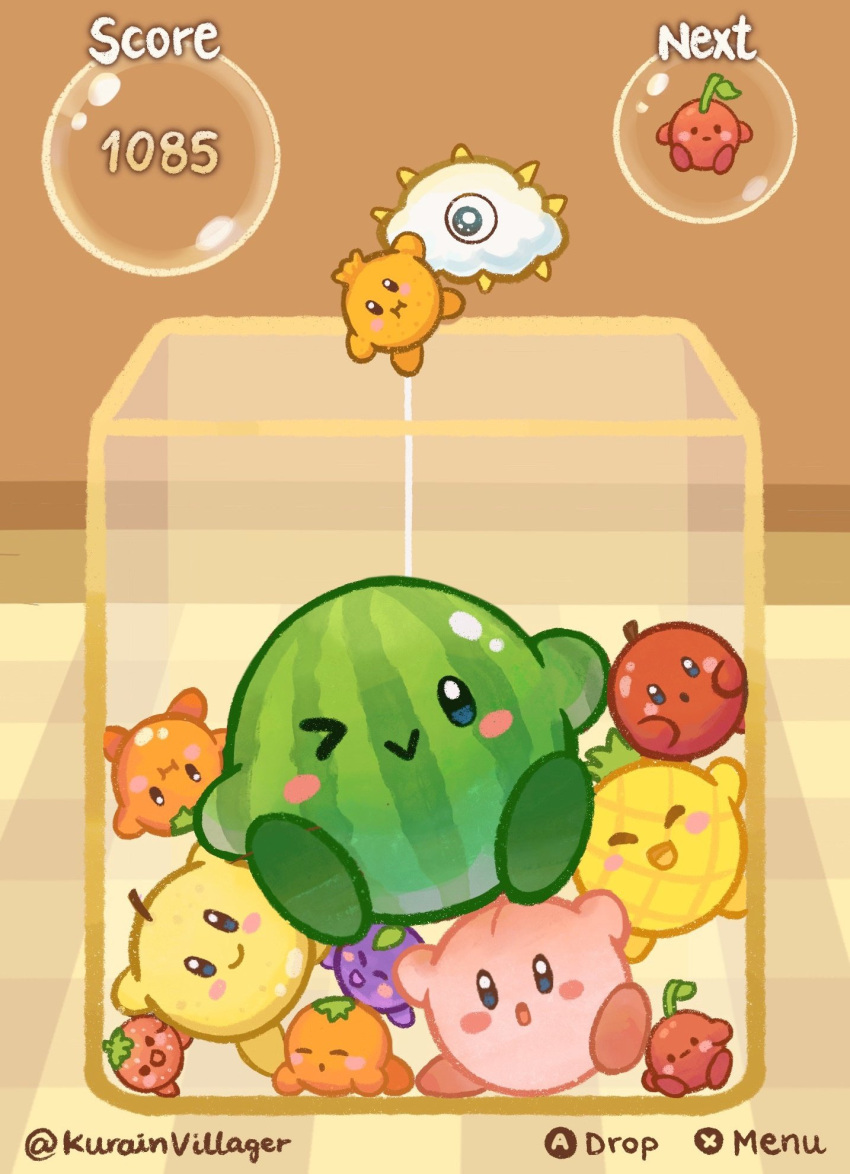 :i ;&gt; alternate_color apple blush_stickers box brown_background bubble cherry clouds facing_viewer fake_screenshot food fruit highres in_box in_container kirby kirby_(series) kracko kurain_villager looking_at_viewer lying no_humans on_stomach one-eyed orange_(fruit) parody peach pineapple strawberry suika_game twitter_username watermelon
