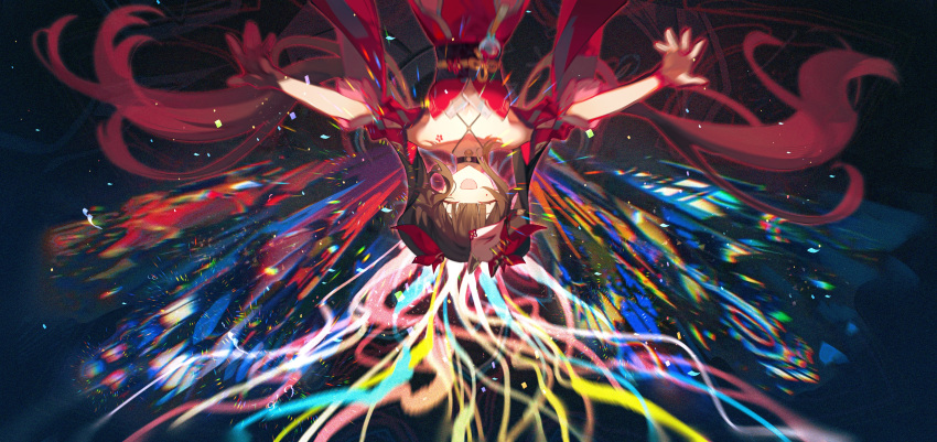 1girl :d absurdres bell black_choker black_gloves bow brown_hair choker closed_eyes confetti cowboy_shot criss-cross_halter detached_sleeves dress facing_viewer falling floating_hair fox_mask gloves hair_bow halterneck highres honkai:_star_rail honkai_(series) long_hair mask mask_on_head mojieovo neck_bell o-ring obi open_hands open_mouth outstretched_arms red_bow red_dress red_sleeves sash short_sleeves sidelocks single_glove sleeveless sleeveless_dress smile solo sparkle_(honkai:_star_rail) twintails upside-down very_long_hair