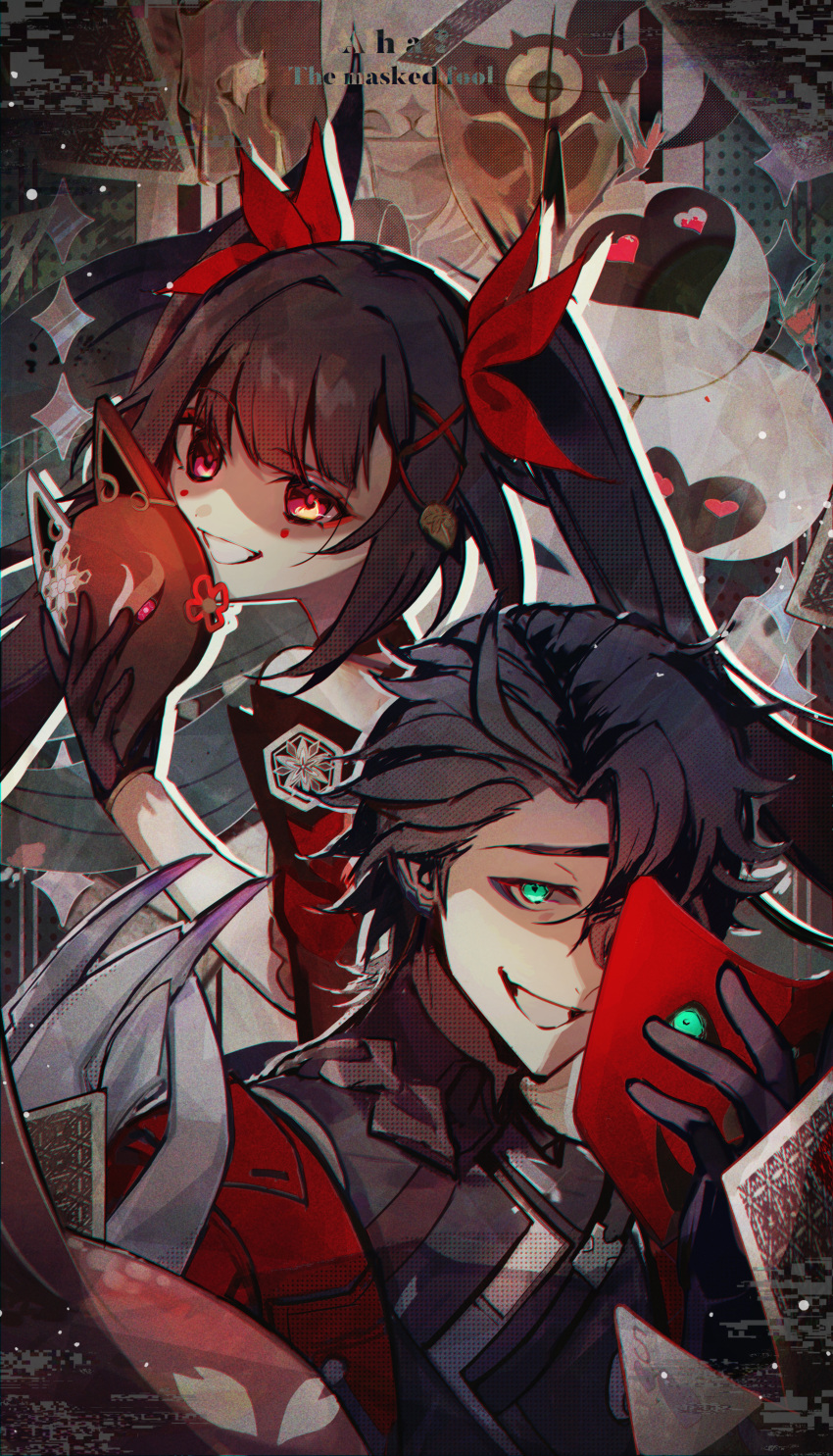 1boy 1girl :d absurdres black_gloves black_hair black_shirt bow brown_hair card crazy_smile fox_mask gloves green_eyes grin hair_bow halftone highres holding holding_mask honkai:_star_rail honkai_(series) jacket long_bangs long_hair looking_at_viewer mask open_clothes open_jacket open_mouth ozuro_(orzbone2008) parted_bangs pink_eyes playing_card red_bow red_jacket sampo_koski shaded_face shirt short_hair sidelocks smile sparkle_(honkai:_star_rail) teeth twintails upper_body