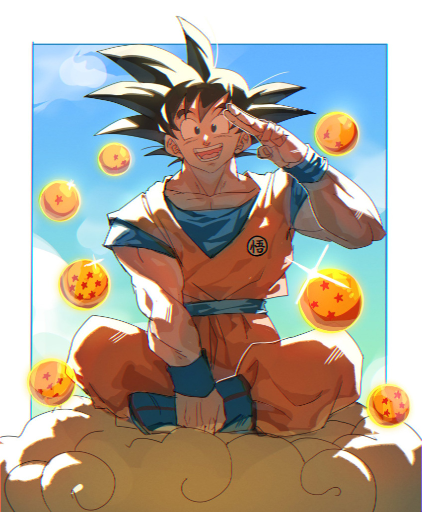 1boy black_hair blue_footwear blue_shirt boots dougi dragon_ball dragon_ball_(object) dragon_ball_z emblem flying_nimbus highres orange_pants orange_shirt orb pants salute shirt sitting solo son_goku spiky_hair star_(symbol) tkht_9315 two-finger_salute