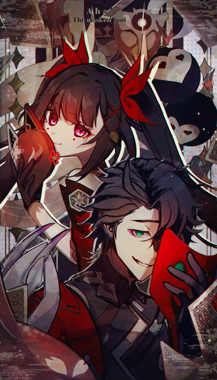 1boy 1girl :d absurdres black_gloves black_hair black_shirt bow brown_hair card closed_mouth fox_mask gloves green_eyes grin hair_bow halftone highres holding holding_mask honkai:_star_rail honkai_(series) jacket long_bangs long_hair looking_at_viewer mask one_eye_closed open_clothes open_jacket open_mouth ozuro_(orzbone2008) parted_bangs pink_eyes playing_card red_bow red_jacket sampo_koski shirt short_hair sidelocks smile sparkle_(honkai:_star_rail) teeth twintails upper_body