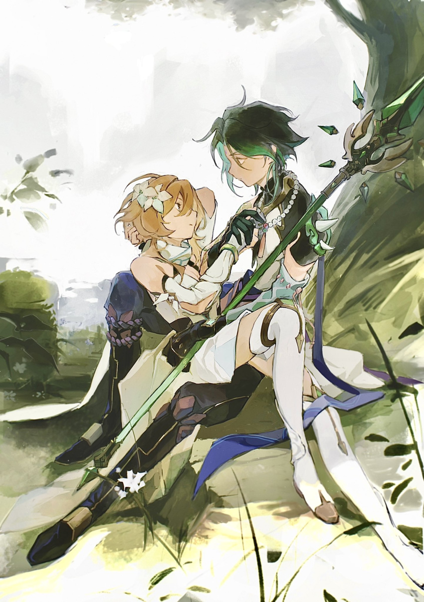 1boy 1girl armor black_gloves blonde_hair boots closed_mouth couple dress eye_contact flower genshin_impact gloves gradient_hair green_hair hair_flower hair_ornament highres holding holding_hands holding_polearm holding_weapon looking_at_another lumine_(genshin_impact) multicolored_hair n.s.egg outdoors pauldrons polearm shoulder_armor single_pauldron sitting sitting_on_lap sitting_on_person thigh_boots tree weapon white_dress white_flower white_footwear xiao_(genshin_impact)