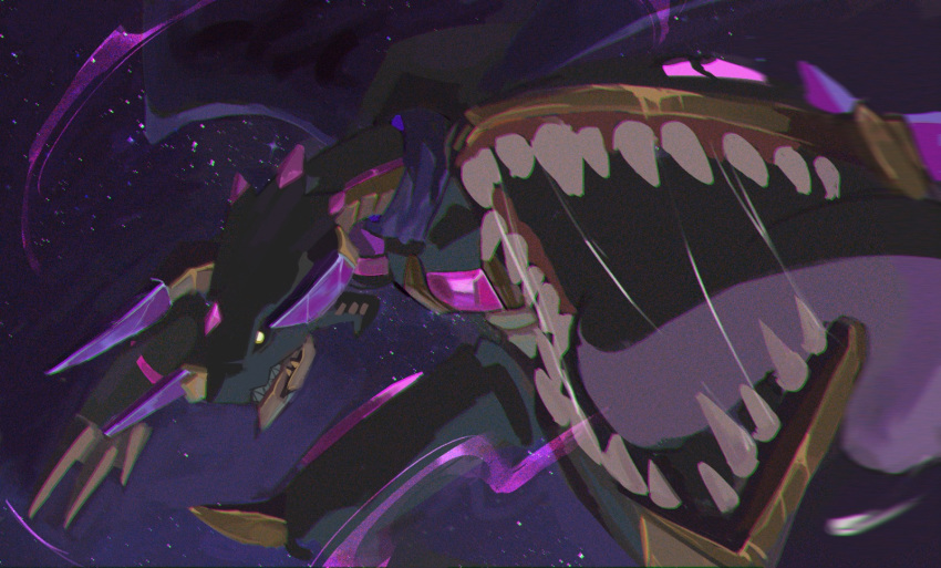 765_nanami black_sclera chest_jewel claws colored_sclera digimon digimon_ghost_game dragon extra_mouth forehead_jewel highres horns open_mouth regulusmon saliva sharp_teeth space spikes teeth tongue tongue_out wings yellow_eyes