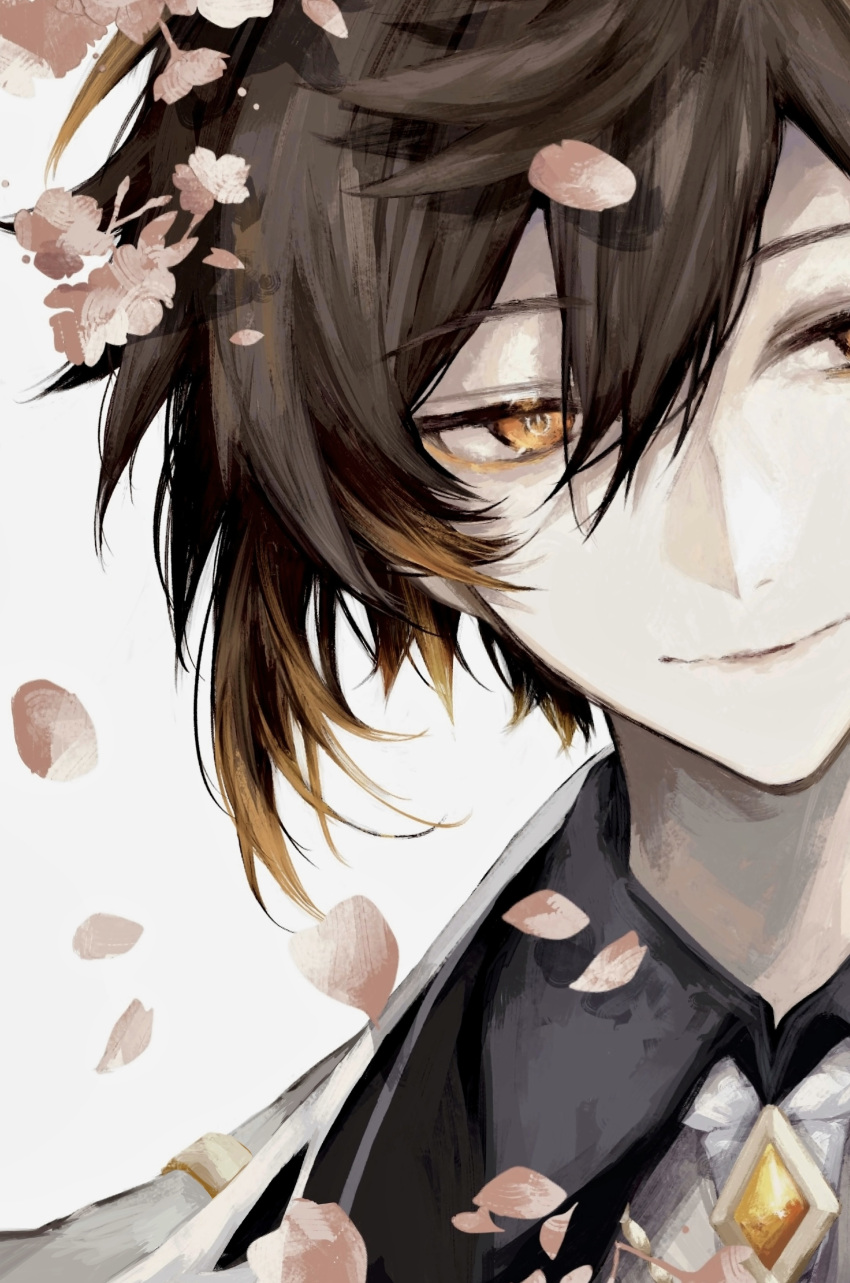 00_gx4 1boy absurdres bishounen blonde_hair brown_hair cherry_blossoms falling_petals genshin_impact hair_between_eyes highres looking_to_the_side male_focus multicolored_hair pale_skin petals portrait smile solo two-tone_hair white_background yellow_eyes zhongli_(genshin_impact)