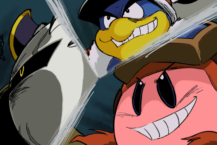 armor colored_skin getter_robo goggles goggles_on_head grin highres king_dedede kirby kirby:_planet_robobot kirby_(series) mask meta_knight parody pauldrons pink_skin shoulder_armor smile teeth v-shaped_eyebrows xtremexavier