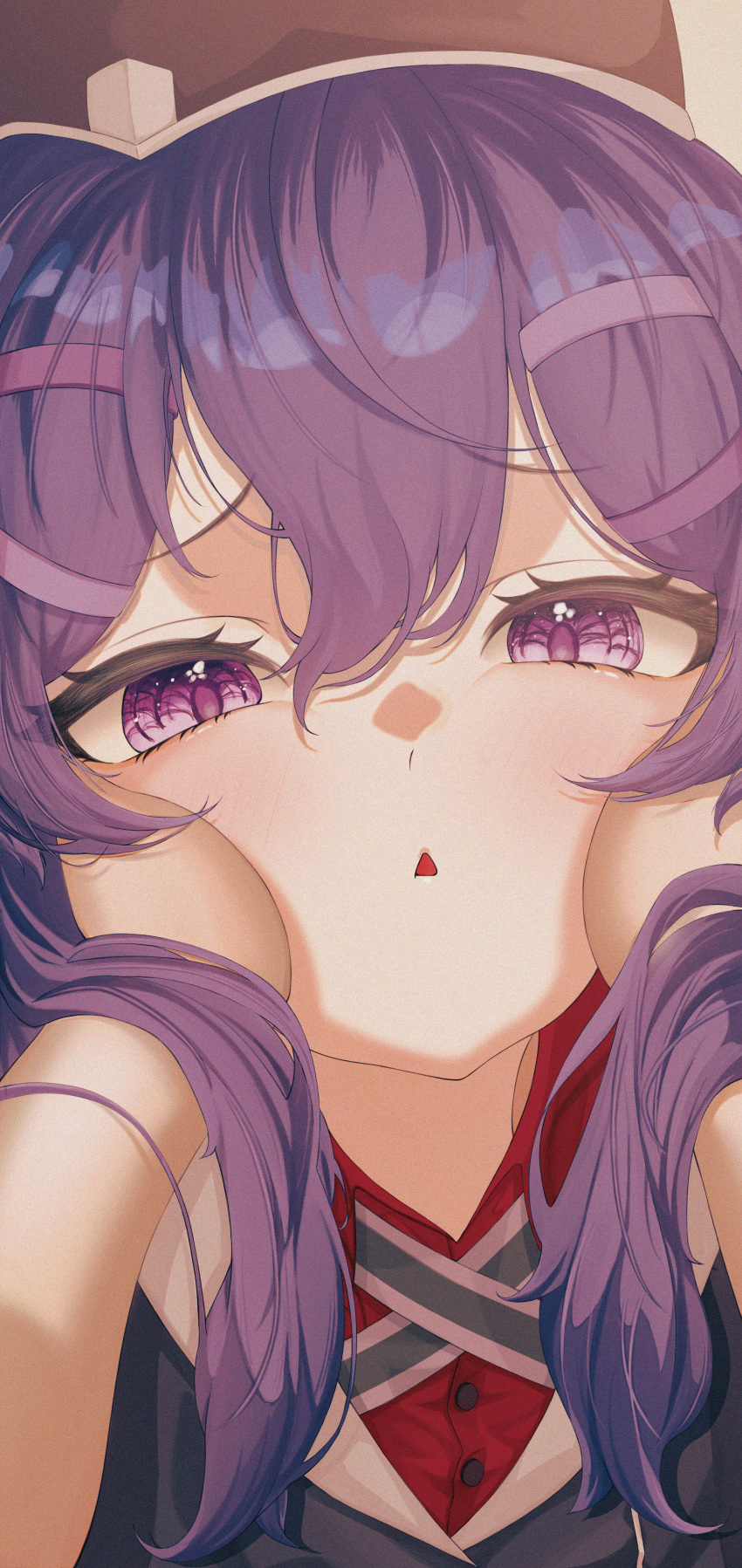 1girl absurdres black_jacket blue_archive blush chestnut_mouth close-up double-parted_bangs hair_between_eyes hair_ornament hairclip hands_on_another's_cheeks hands_on_another's_face haruka_(blue_archive) highres jacket looking_at_viewer neck_ribbon pov pov_hands purple_hair red_shirt ribbon shirt sidelocks striped_ribbon violet_eyes wonni_(user_fafu7345)