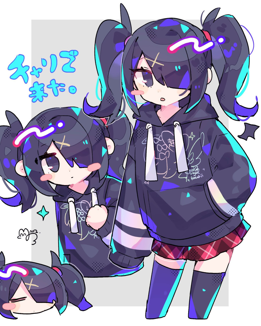 1girl ame-chan_(needy_girl_overdose) arm_at_side black_eyes black_hair black_hoodie black_thighhighs blush_stickers border chibi chibi_inset cropped_legs drawstring grey_background hair_over_one_eye hair_tie hand_in_pocket highres hood hood_down hoodie looking_at_viewer miniskirt multiple_views needy_girl_overdose one_eye_covered plaid plaid_skirt pleated_skirt print_hoodie red_skirt short_twintails simple_background skirt sleeves_past_fingers sleeves_past_wrists sushiuma_m thigh-highs twintails white_border