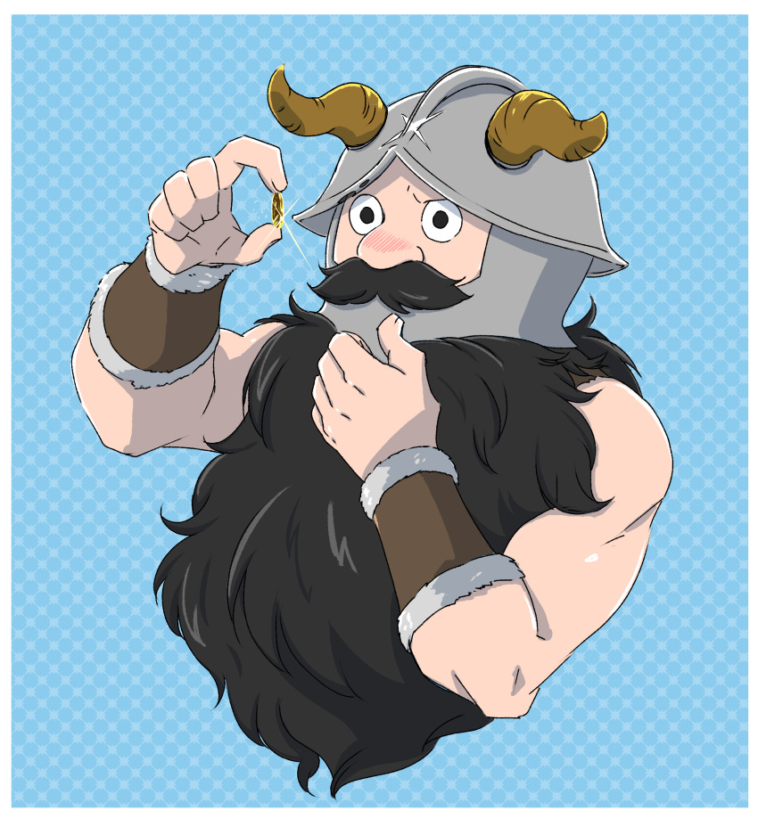 1boy artist_request bare_shoulders beard black_hair coin cropped_torso dungeon_meshi dwarf facial_hair fake_horns frown glint hand_on_own_chin helmet highres holding holding_coin horned_helmet horns long_beard male_focus senshi_(dungeon_meshi) solo stroking_own_chin thick_mustache thinking toned toned_male very_long_beard