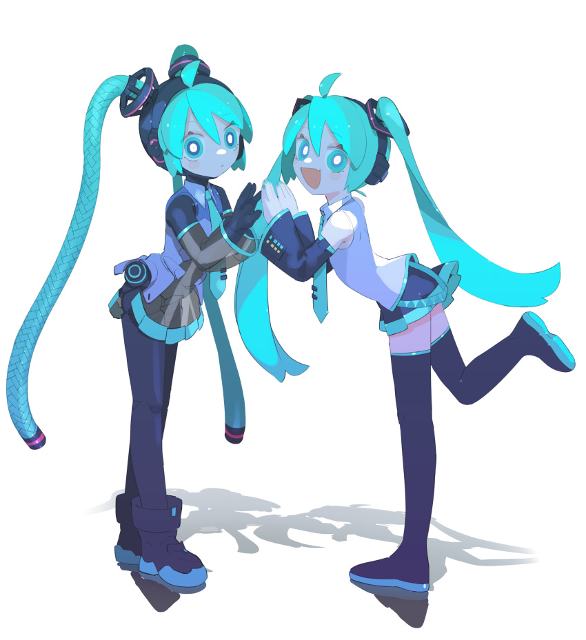 2girls absurdres ahoge alternate_costume android aqua_eyes aqua_hair aqua_necktie bare_shoulders black_sleeves black_thighhighs bright_pupils cable_hair cheri_zao commentary detached_sleeves dual_persona expressionless fang full_body glowing glowing_eyes hatsune_miku highres joints long_hair looking_at_viewer mechanical_parts miku_day miniskirt multiple_girls necktie number_tattoo open_mouth robot_girl robot_joints see-through see-through_skirt see-through_sleeves shirt simple_background skin_fang skirt sleeveless sleeveless_shirt smile standing tattoo thigh-highs very_long_hair vocaloid white_background white_pupils