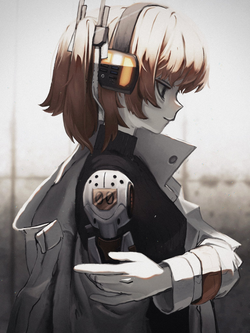1girl a.i._voice adachi_rei android bags_under_eyes black_eyes black_shirt blurry blurry_background breasts closed_mouth expressionless gloves hair_ribbon headphones highres hijou_botan holding_own_arm hood hood_down hooded_jacket jacket light_particles long_sleeves looking_down mechanical_parts medium_breasts off_shoulder one_side_up orange_hair profile radio_antenna ribbon shirt short_hair single_bare_shoulder sleeveless sleeveless_shirt solo turtleneck_shirt upper_body utau white_gloves white_jacket white_ribbon