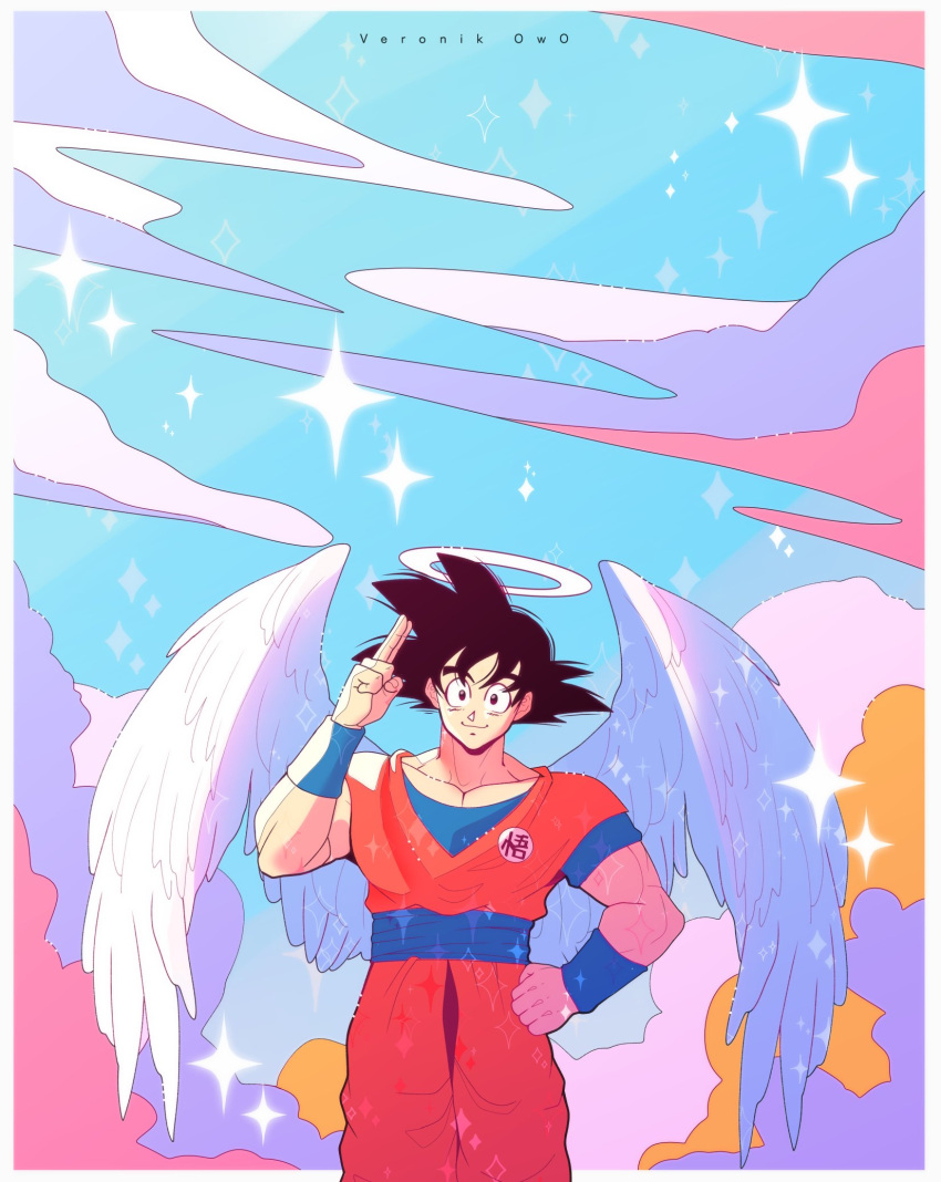 1boy angel angel_wings black_eyes black_hair clouds cloudy_sky dougi dragon_ball dragon_ball_z feathered_wings halo hand_on_own_hip highres long_hair looking_at_viewer muscular muscular_male salute sky smile solo son_goku spiky_hair sweatband veronik_owo white_wings wings