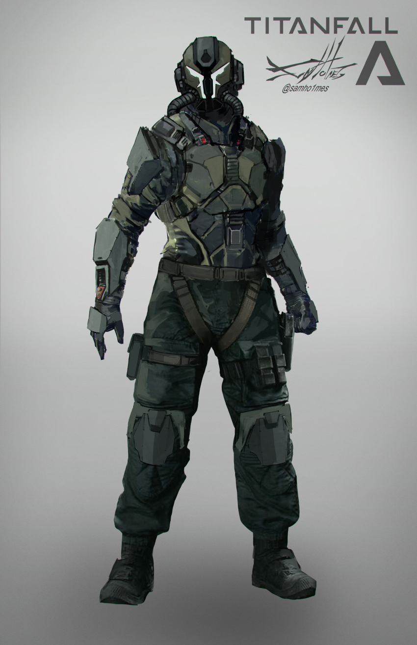 1boy absurdres belt black_pants brown_belt cable cargo_pants clenched_hand copyright_name grey_background head_tilt helmet highres looking_at_viewer male_focus open_hand original pants sam_holmes science_fiction solo titanfall_(series)