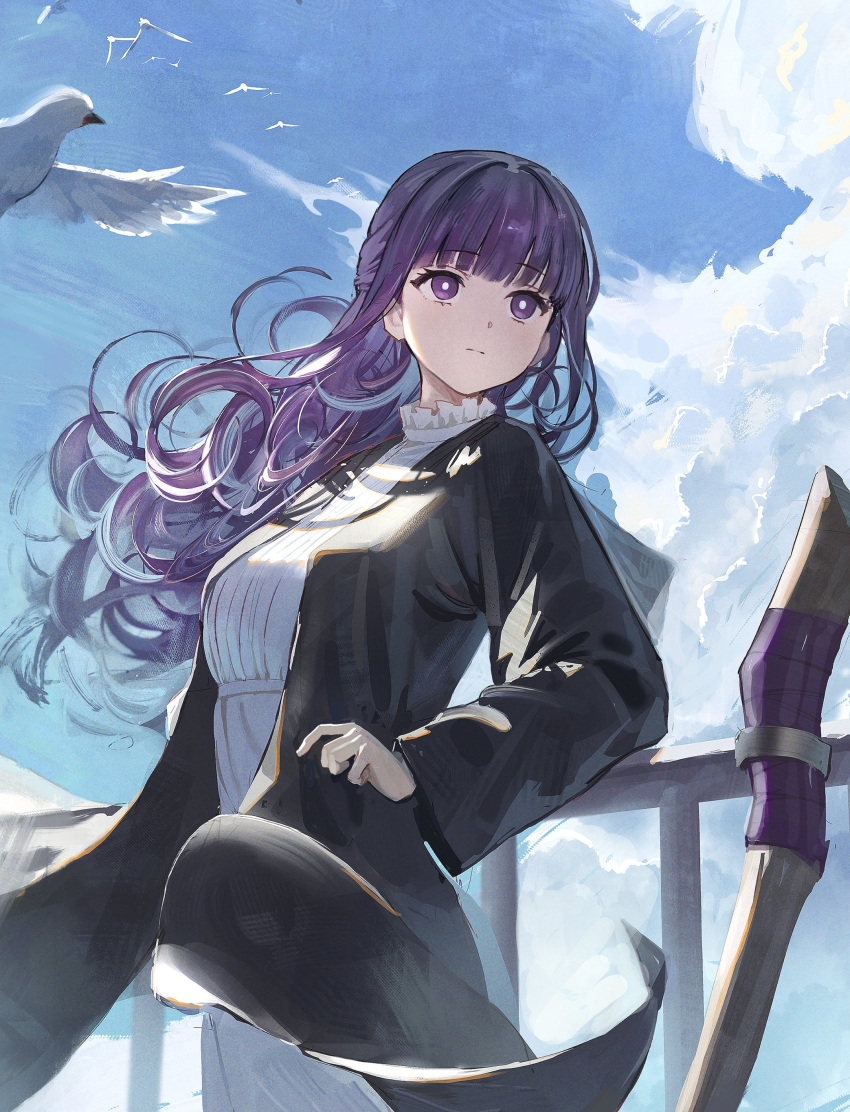 1girl absurdres against_railing animal bird blue_sky blunt_bangs breasts clouds commentary_request dress fern_(sousou_no_frieren) hidulume highres long_hair outdoors purple_hair railing revision sky solo sousou_no_frieren staff violet_eyes white_dress