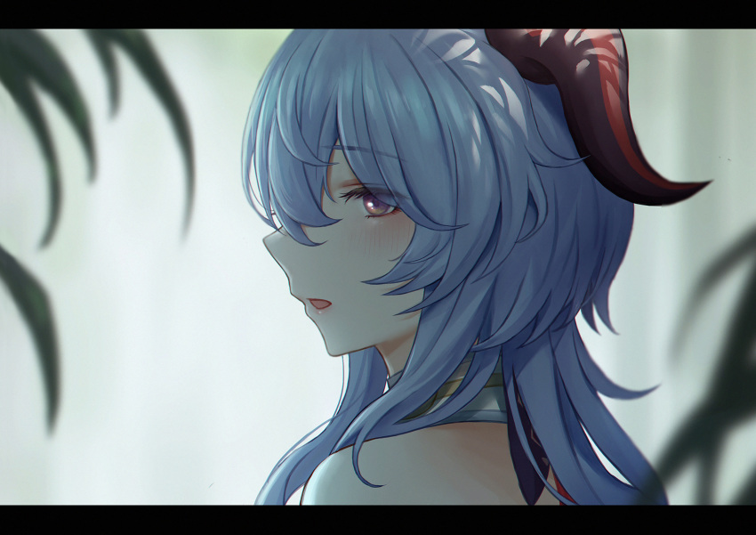 1girl blue_hair blurry blush depth_of_field eyes_visible_through_hair from_behind ganyu_(genshin_impact) genshin_impact hair_between_eyes highres horns leaf letterboxed long_hair parted_lips portrait selcky solo violet_eyes
