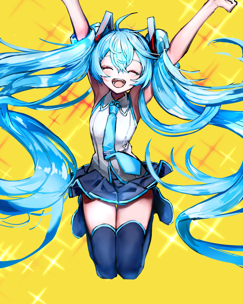 1girl :d ^_^ absurdly_long_hair absurdres armpits arms_up bare_arms black_footwear blue_hair blue_necktie blue_skirt boots closed_eyes collared_shirt facing_viewer floating_hair full_body gozenjuziame hair_ornament hatsune_miku highres jumping long_hair miniskirt necktie pleated_skirt shirt skirt sleeveless sleeveless_shirt smile solo thigh_boots thigh_gap twintails very_long_hair vocaloid white_shirt wing_collar yellow_background zettai_ryouiki