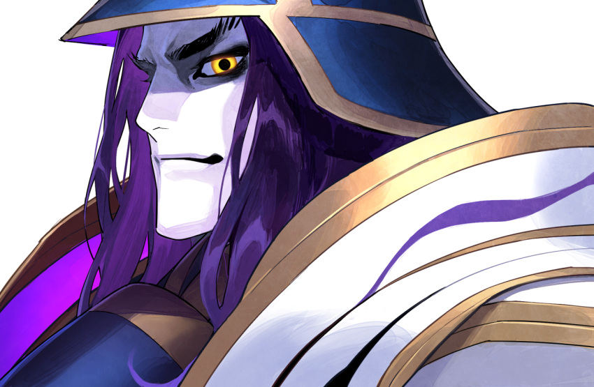 1boy armor colored_skin fate/grand_order fate_(series) frown grimace helmet imagawa_yoshimoto_(fate) japanese_armor long_hair looking_at_viewer male_focus nakuta portrait purple_hair shaded_face sideways_glance solo v-shaped_eyebrows white_skin yellow_eyes
