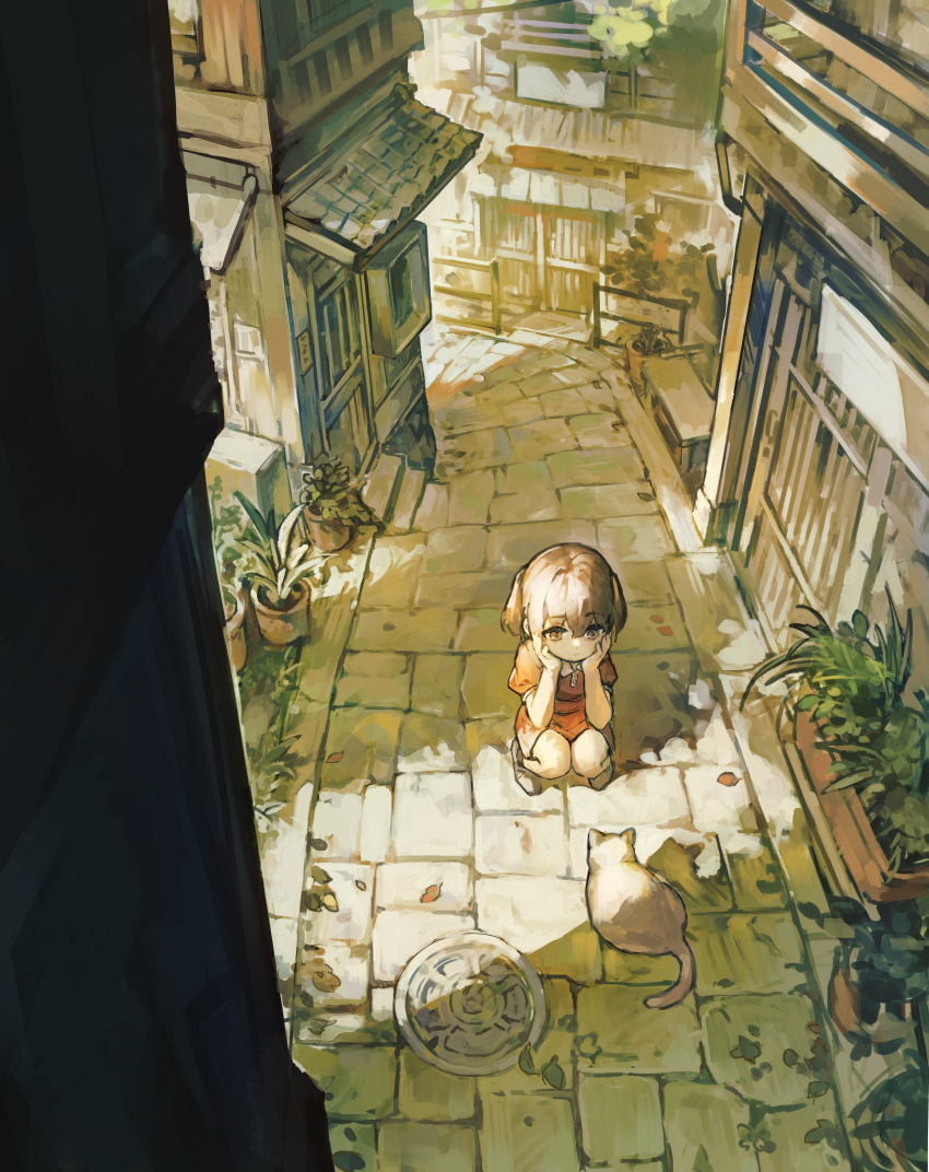 1girl absurdres black_footwear brown_eyes brown_hair building cat child dress from_above hands_on_own_face highres looking_at_animal original outdoors plant potted_plant red_dress road shadow short_hair short_sleeves squatting street yanyan_(shinken_gomi)