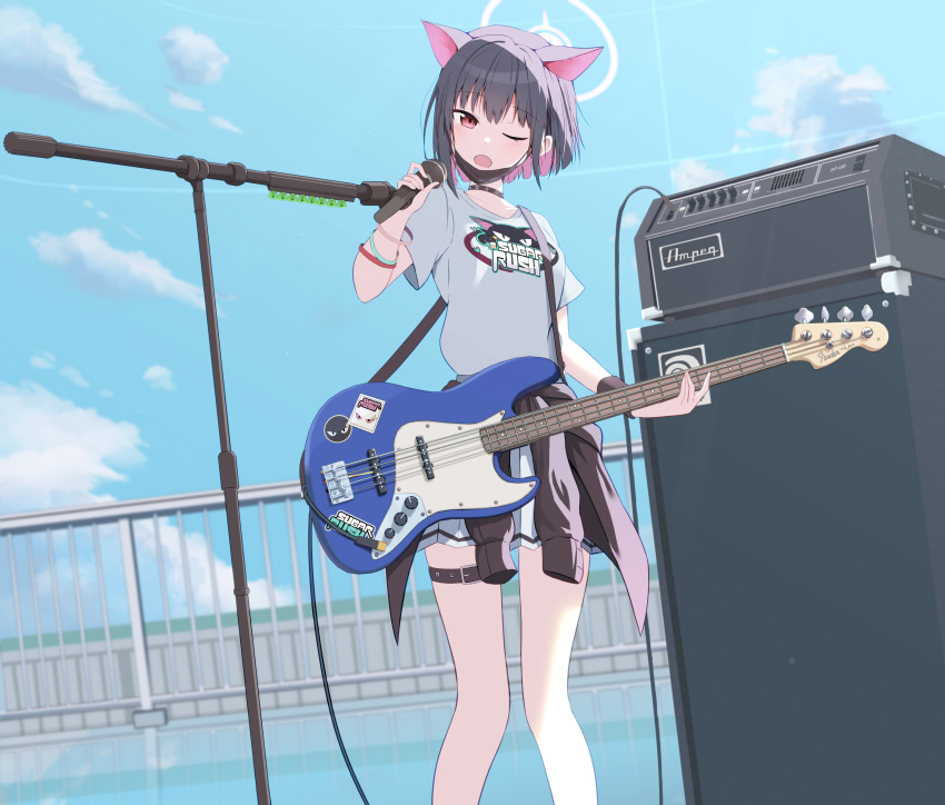 1girl animal_ears bass_guitar black_cardigan black_hair blue_archive blue_sky breasts cac_itinose cardigan cardigan_around_waist clothes_around_waist clothes_writing clouds commentary_request day english_text fender_precision_bass highres holding holding_instrument holding_microphone instrument kazusa_(blue_archive) mask mask_pull microphone microphone_stand mouth_mask multicolored_hair one_eye_closed open_mouth outdoors pink_hair pleated_skirt railing red_eyes rooftop shirt short_sleeves skirt sky small_breasts solo speaker two-tone_hair white_shirt white_skirt