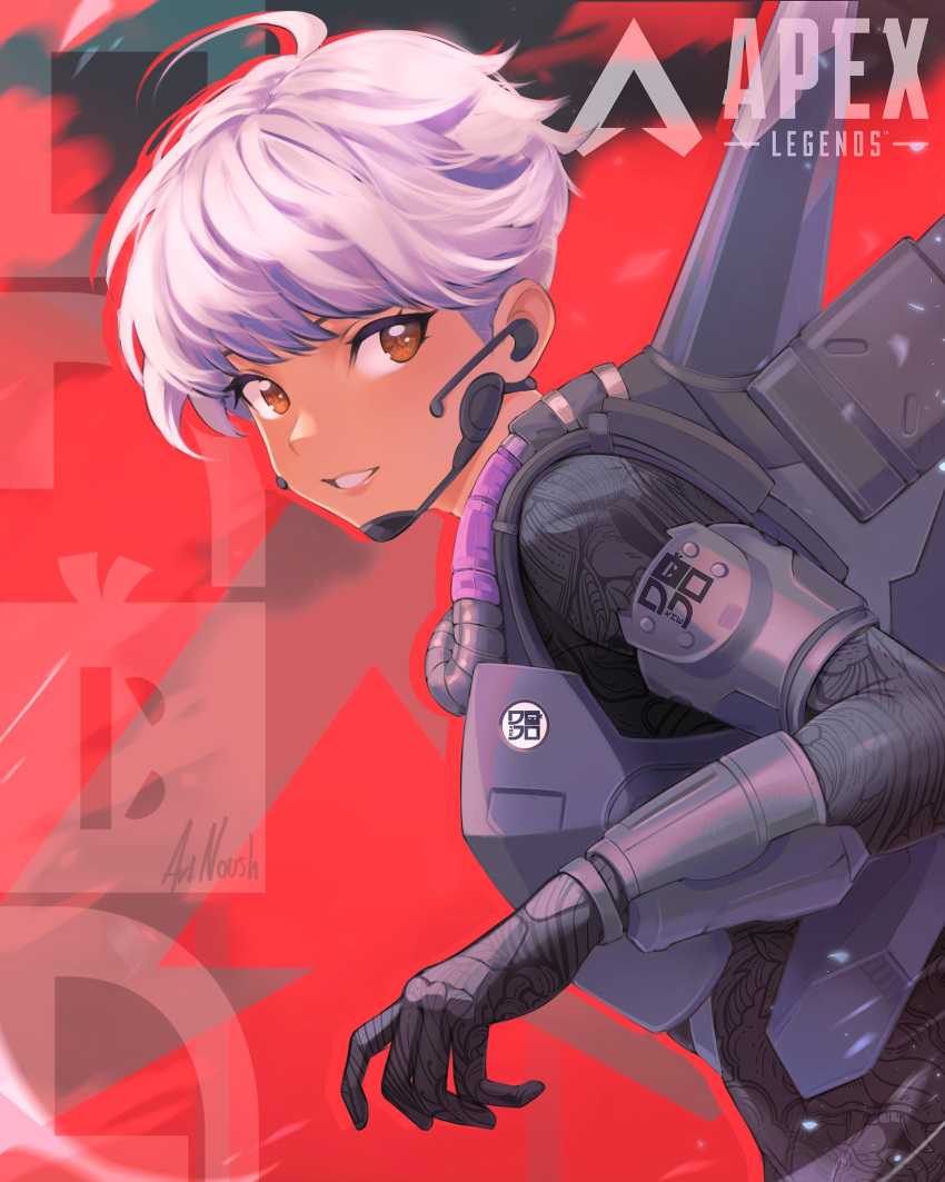1girl animification apex_legends black_bodysuit black_gloves bodysuit brown_eyes copyright_name cowlick earpiece floating_hair gloves grey_hair hair_behind_ear highres jetpack logo looking_to_the_side noush parted_lips pink_lips smile solo the_dojo_(esports) valkyrie_(apex_legends)