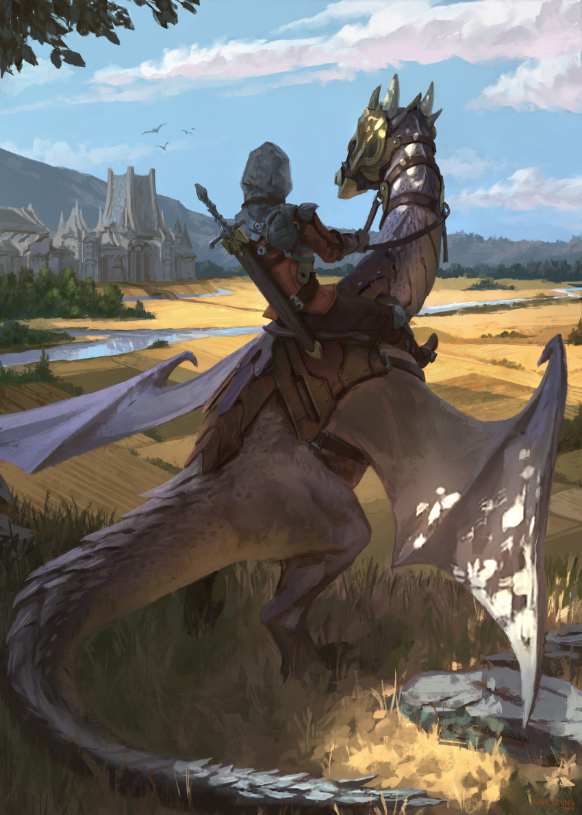 1boy absurdres armor barding blue_sky brown_pants castle clouds commentary day dragon dragon_riding english_commentary facing_away fantasy field from_behind grass highres holding holding_reins jacket mountainous_horizon original outdoors pants pauldrons red_jacket reins river rock saddle sam_leung scenery shoulder_armor simple_bird sitting sky sword water weapon weapon_on_back wyvern