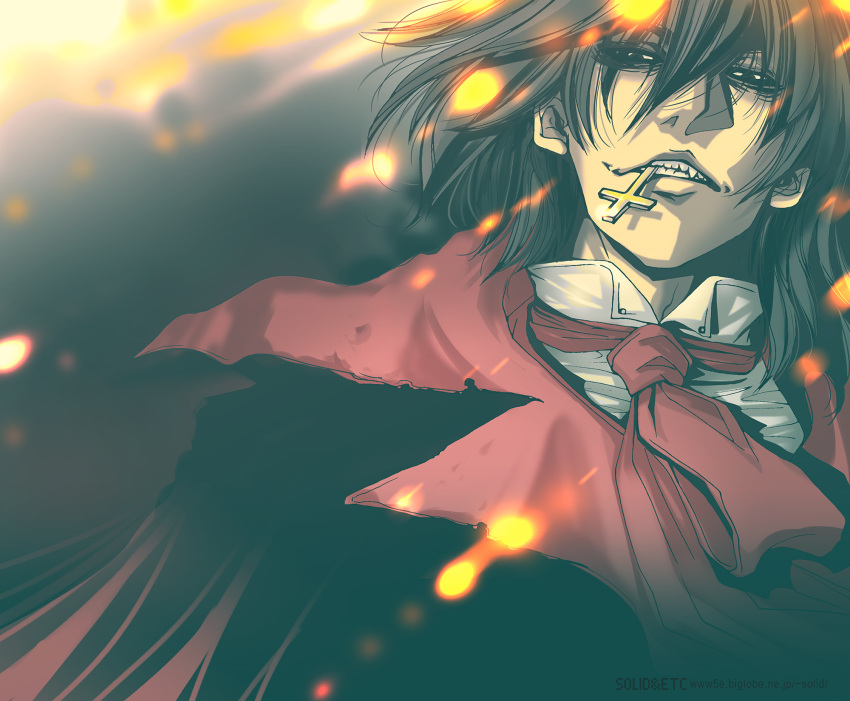 1boy alucard_(hellsing) ascot black_eyes black_hair capelet cross embers fangs hair_between_eyes hellsing highres looking_at_viewer male_focus mouth_hold portrait red_ascot red_capelet solo toshimichi_yukari