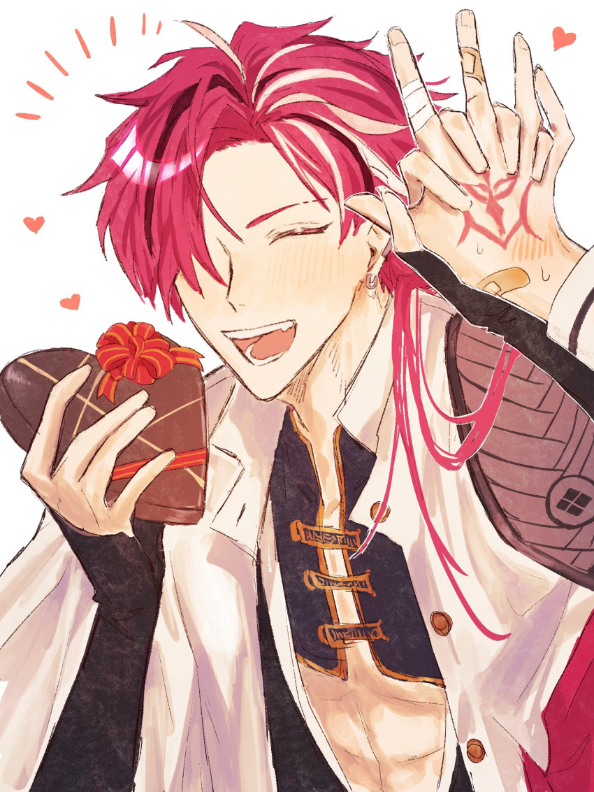 1boy 1girl :d \||/ bandaid bandaid_on_hand blush candy chocolate closed_eyes command_spell earrings fang fate/grand_order fate_(series) food fujimaru_ritsuka_(female) hair_over_one_eye hand_blush heart heart-shaped_chocolate hetero highres holding holding_chocolate holding_food holding_hands interlocked_fingers jacket jewelry long_sleeves male_focus multicolored_hair pov pov_hands redhead smile stomach streaked_hair sweatdrop takasugi_shinsaku_(fate) tt_hmx white_background white_hair white_jacket