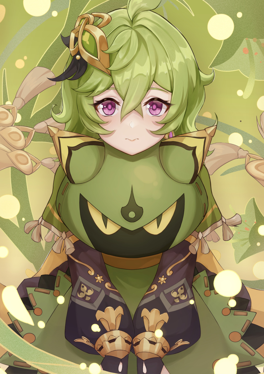 1girl absurdres black_sleeves capelet closed_mouth collei_(genshin_impact) detached_sleeves genshin_impact green_capelet green_hair green_theme hair_between_eyes hair_ornament highres long_hair long_sleeves looking_at_viewer solo stuffed_toy togaririi violet_eyes