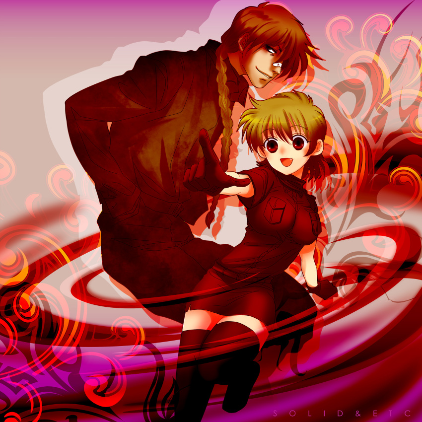 1boy 1girl absurdres artist_name bandaid bandaid_on_face bandaid_on_nose blonde_hair braid braided_ponytail breasts brown_hair brown_thighhighs dress gloves hair_over_shoulder hands_in_pockets hellsing highres large_breasts open_mouth pip_bernardotte pointing red_dress red_eyes red_gloves seras_victoria short_dress smile thigh-highs toshimichi_yukari zettai_ryouiki