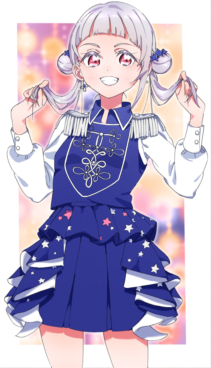 1girl arashi_chisato blue_dress blunt_bangs border collared_dress double_bun dress earrings epaulettes hair_bun hair_ornament highres holding_own_hair jewelry long_hair long_sleeves looking_at_viewer love_live! love_live!_superstar!! outside_border red_eyes sing!_shine!_smile! smile solo standing twintails upper_body white_border white_hair ykepouty