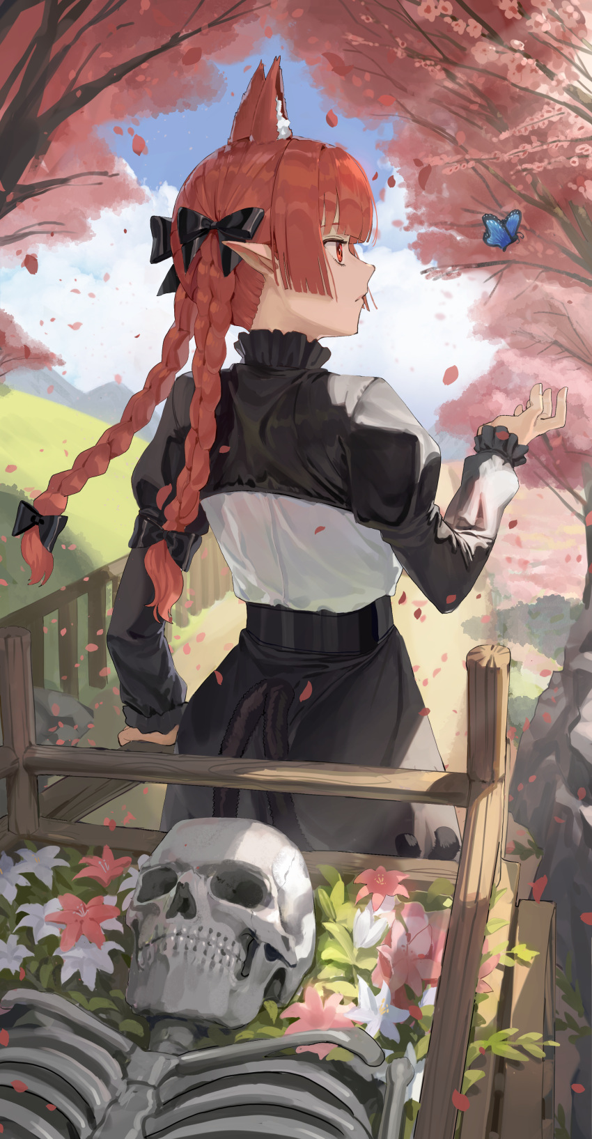 1girl absurdres animal animal_ears black_dress braid bug butterfly cat_ears day dress extra_ears flower goback highres kaenbyou_rin long_hair long_sleeves outdoors petals pink_flower pointy_ears red_eyes redhead skeleton solo touhou tree twin_braids white_flower