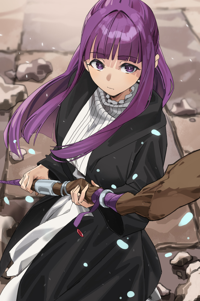 1girl absurdres black_coat black_robe blunt_bangs coat dress expressionless fern_(sousou_no_frieren) hands_up highres holding holding_staff lewdrawings long_hair long_sleeves looking_at_viewer mage_staff open_clothes open_coat outdoors petals purple_hair robe rubble solo sousou_no_frieren staff straight_hair upper_body violet_eyes white_dress