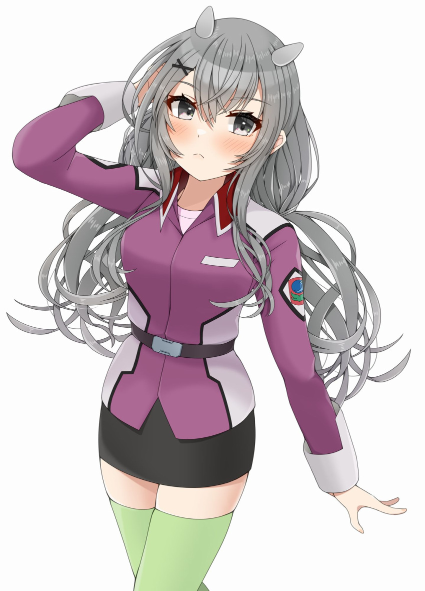 1girl black_skirt cosplay cowboy_shot fake_horns flay_allster flay_allster_(cosplay) green_thighhighs grey_eyes grey_hair gundam gundam_seed highres horned_headwear horns i-201_(kancolle) kantai_collection long_hair low_twintails military_uniform name_connection otobi pencil_skirt purple_shirt shirt simple_background skirt solo thigh-highs twintails uniform white_background