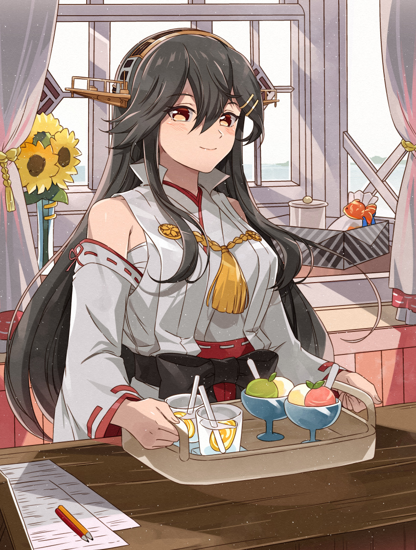 1girl absurdres black_hair box breasts brown_eyes chest_sarashi closed_mouth commission cup detached_sleeves drinking_glass drinking_straw flower food hair_between_eyes hair_ornament hairclip hakama hakama_skirt haruna_(kancolle) haruna_kai_ni_(kancolle) headgear highres holding holding_tray indoors japanese_clothes kanmiya_shinobu kantai_collection long_hair looking_at_viewer nontraditional_miko paper pencil red_hakama ribbon-trimmed_sleeves ribbon_trim sarashi shaved_ice skeb_commission skirt smile solo sunflower tray vase white_sleeves wide_sleeves window